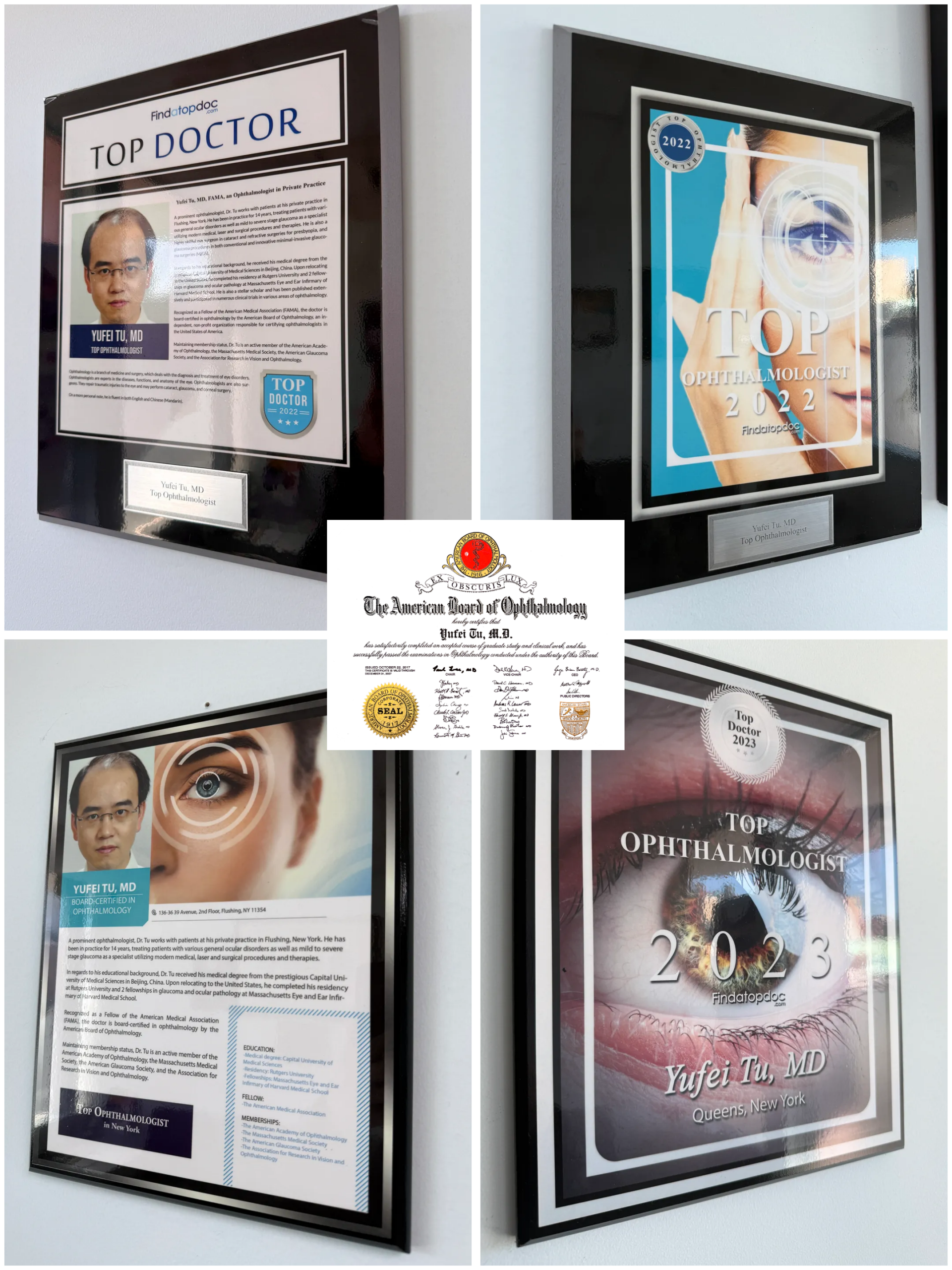 Posters highlighting eye care and vision therapy services with detailed information.